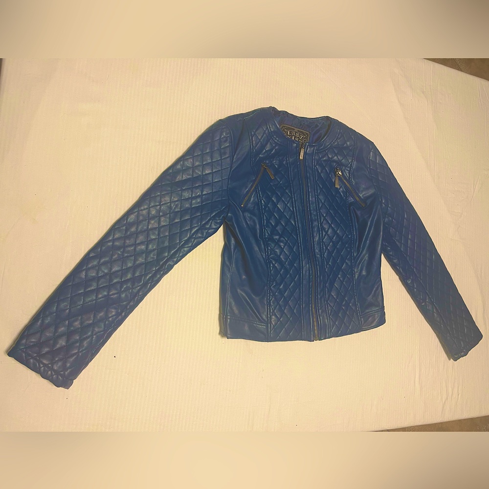 Last Kiss Turquoise Blue Faux Leather Collarless Biker Style Jacket Size L